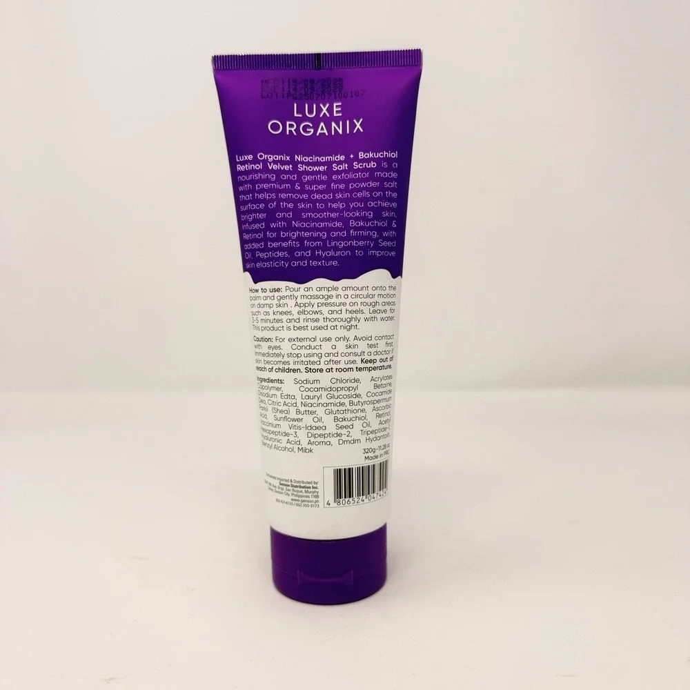 Luxe Organix Niacinamide Bakuchiol Retinol Velvet Shower Salt Scrub‎ 320g NIB